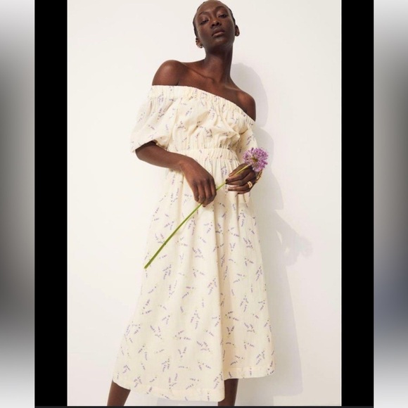 H&M Wildflower Collection Off The Shoulder yellow & lavender floral midi Dress - Picture 1 of 10